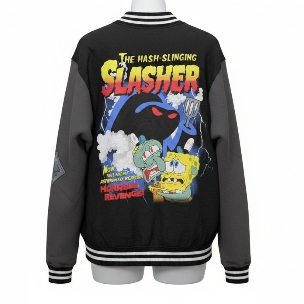 New SpongeBob Hybrid Men Varsity Jacket L Black Hash-Slinging Slasher Cartoon